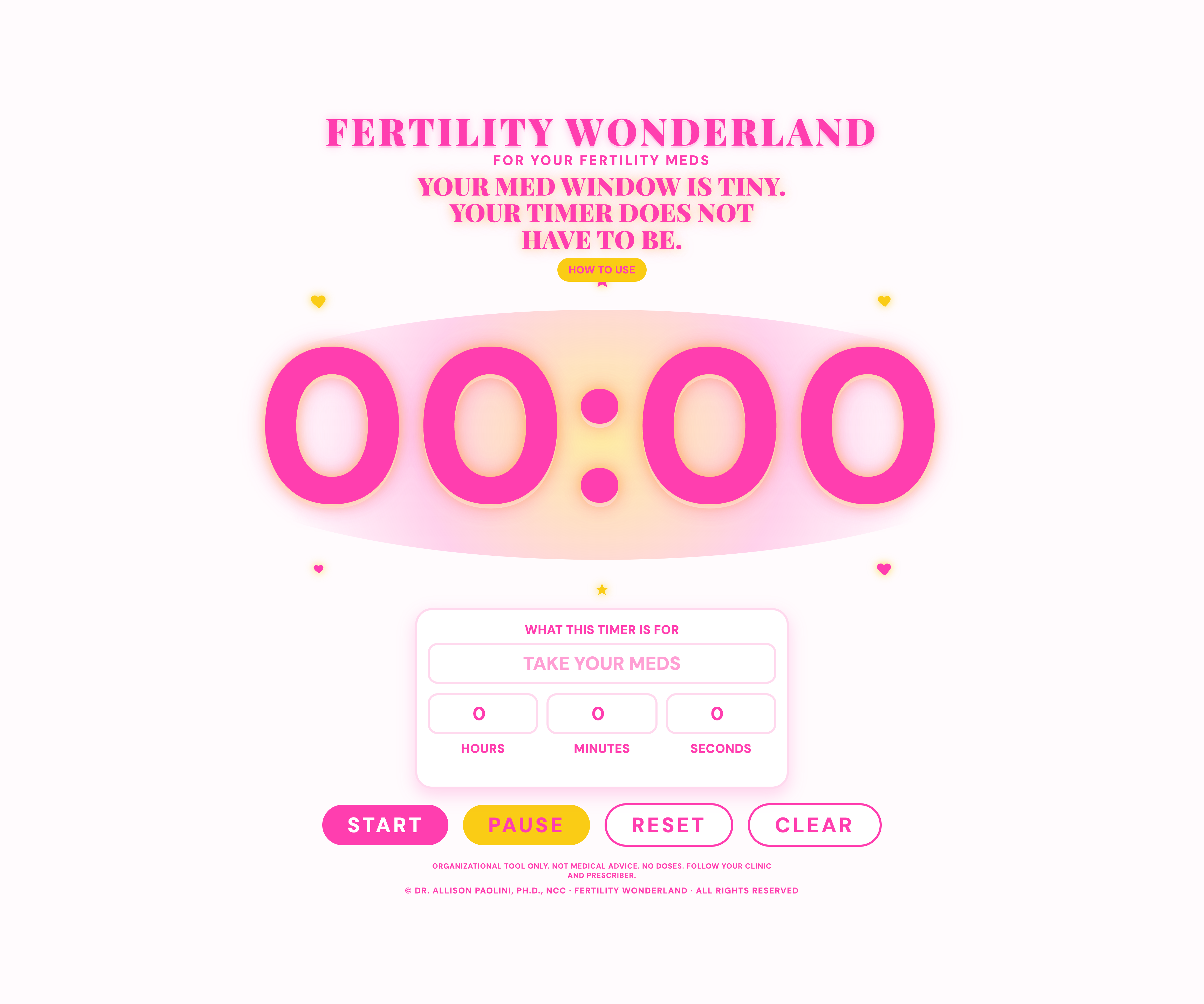 Huge Digital Timer showing the enormous countdown, custom timer-purpose field, hours minutes and seconds controls, and START PAUSE RESET CLEAR buttons